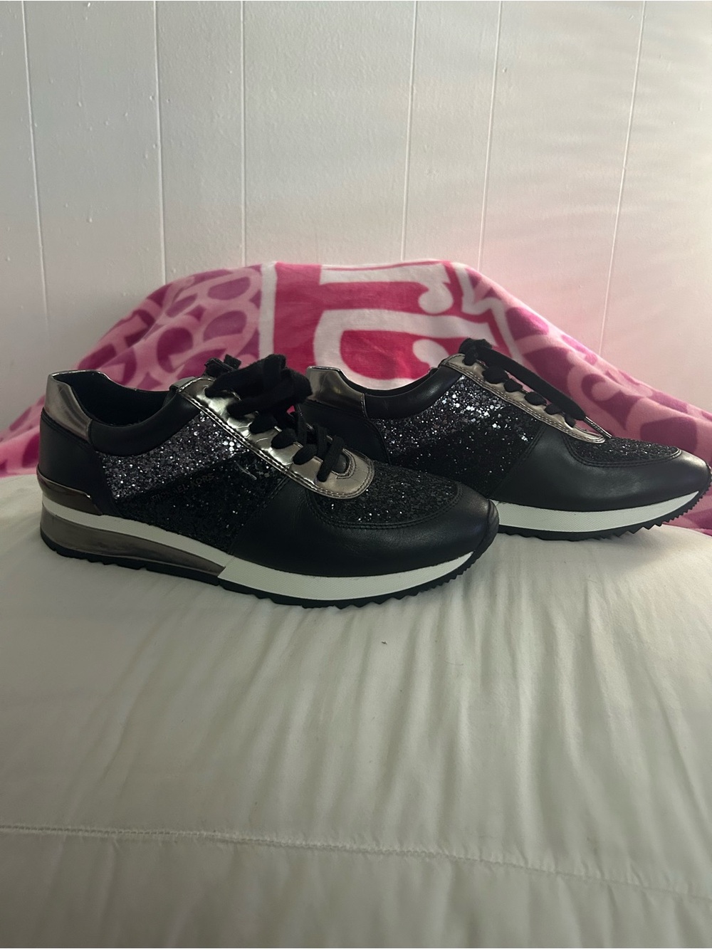 MICHAEL Michael Kors Black Glitter Lace-Up Sneakers with Metallic Accents